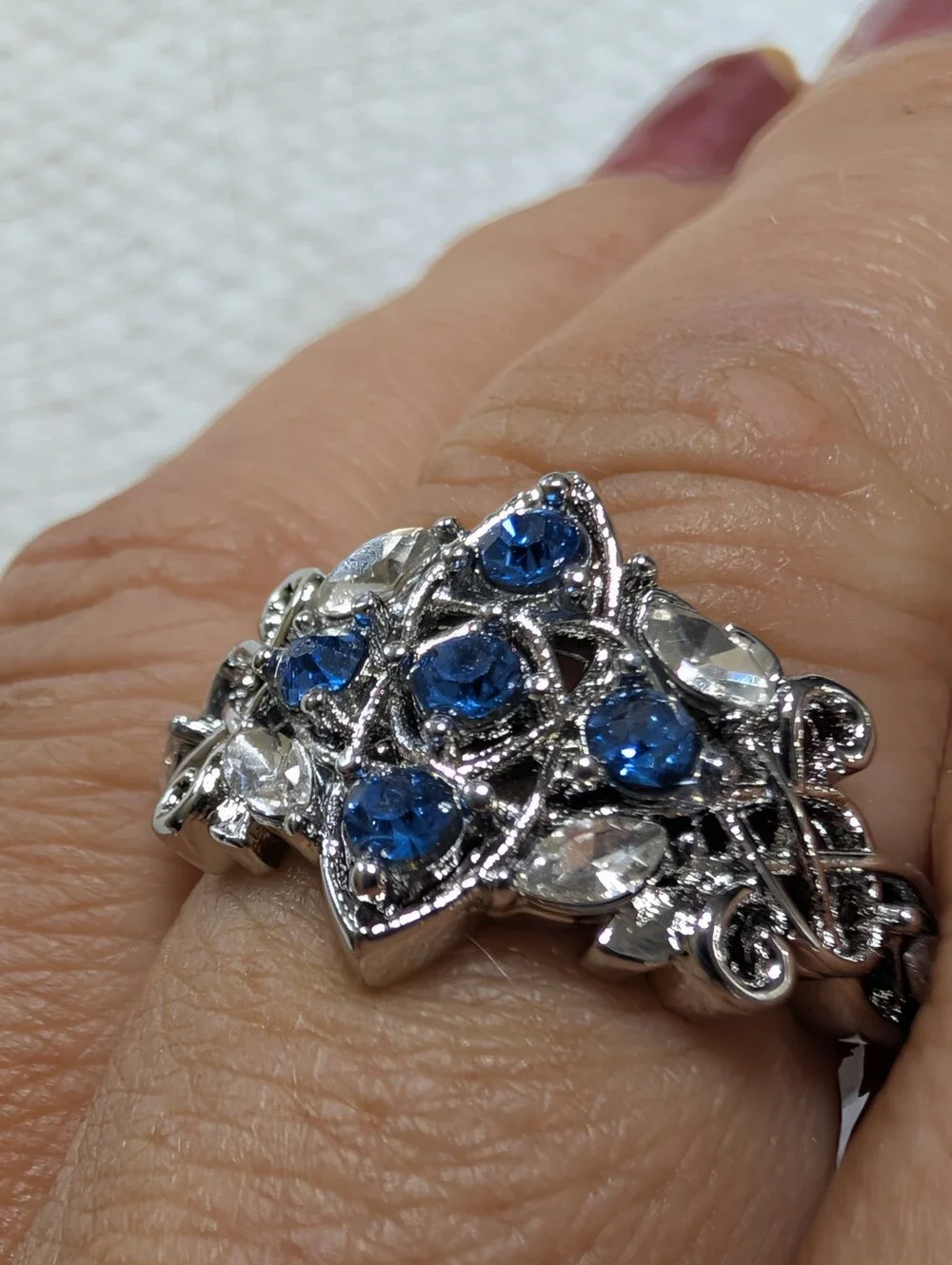 Blue & White Marquee Round Cut  Silver Dinner Ring Size 8